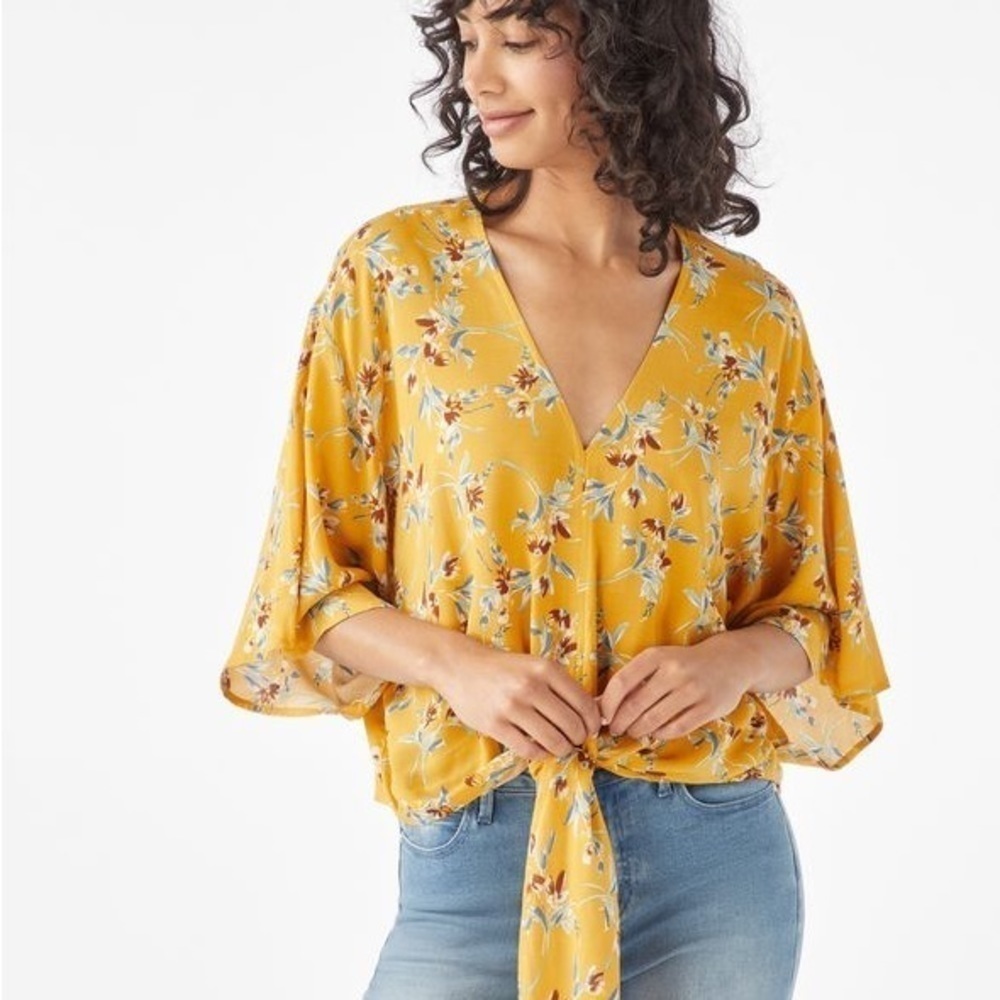 Polly & Esther Mustard Yellow Floral Tie Front Blouse XL